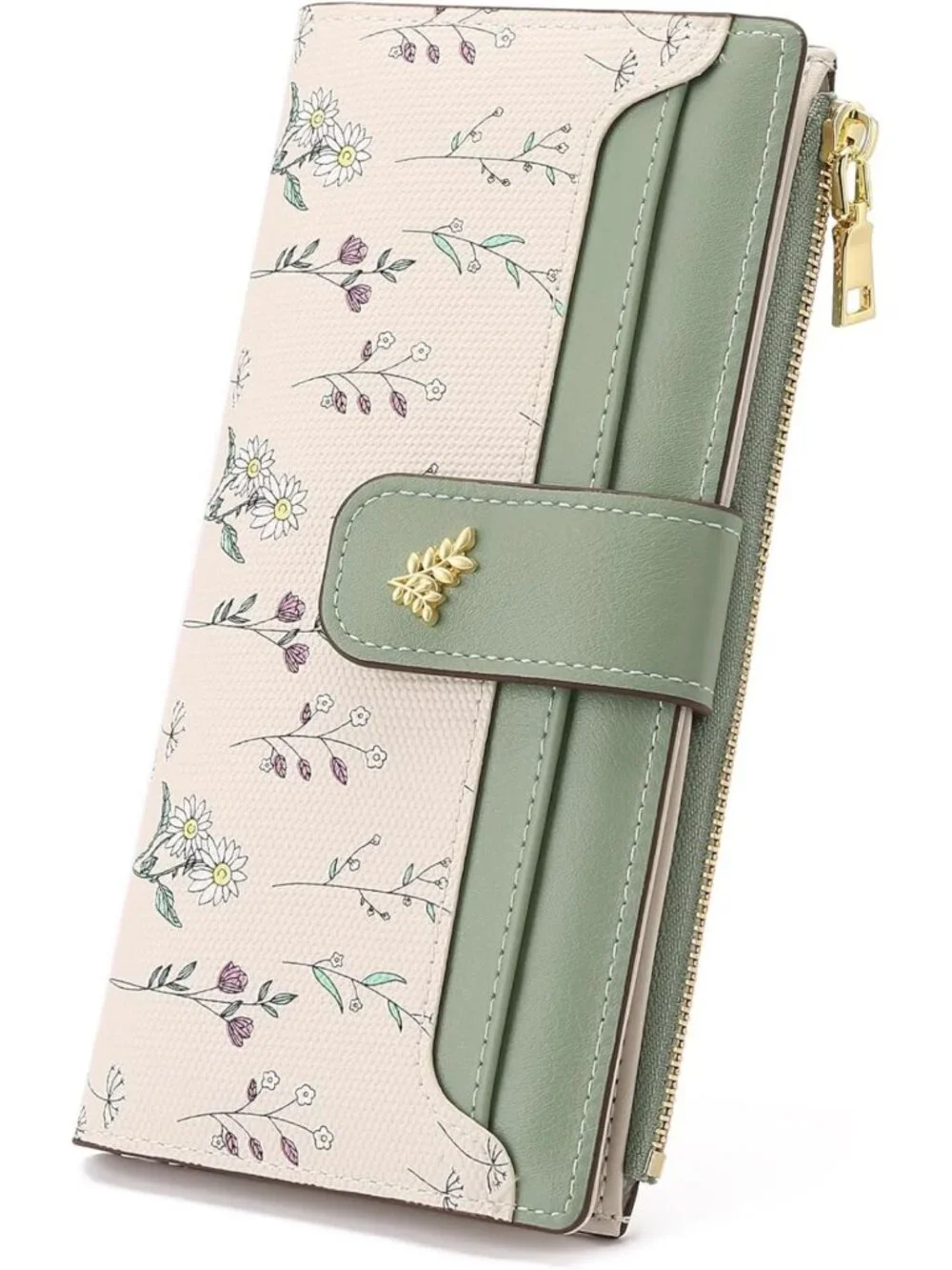 Slim Floral Vegan Leather Wallet | RFID Blocking Card Holder with Zipper Pocket